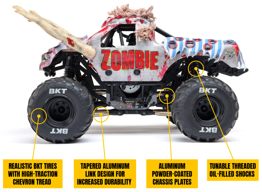 1/18 Mini LMT Zombie 2S 4X4 RTR Brushed Monster Truck - LOS01026T4