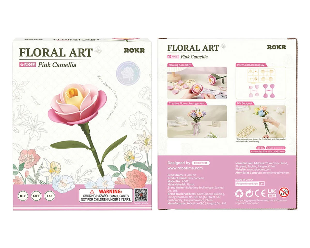Robotime Pink Camellia DIY Miniature 3D Plastic Model Kit, ROEAD011