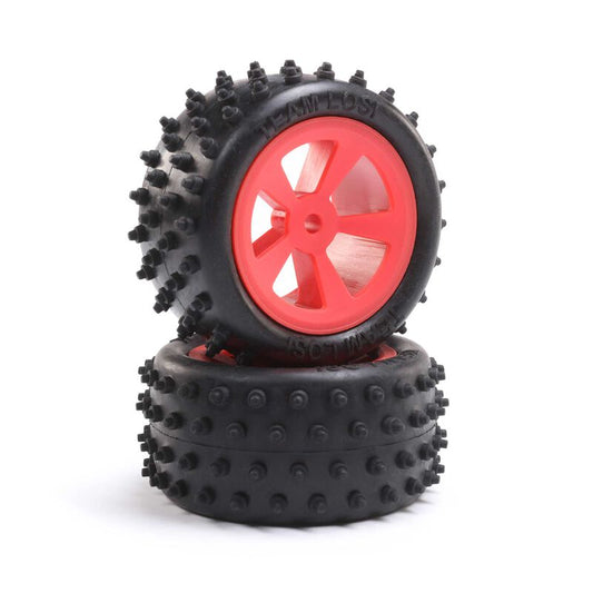 Team Losi 4 Row Rear Tires, Mounted, Red (2): Mini JRX2