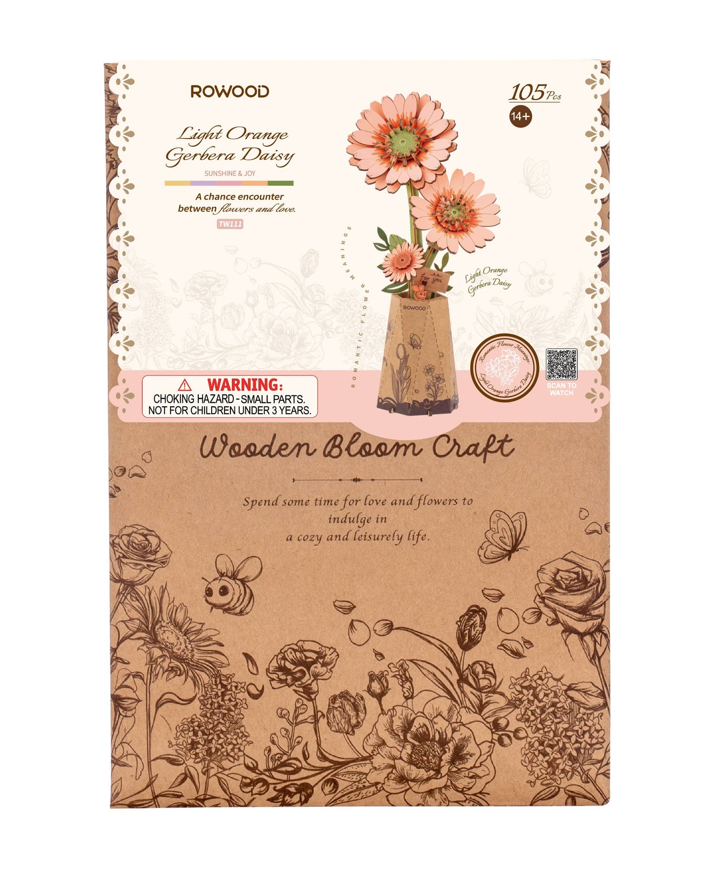 Rowood Orange Gerbera Daisy Flower DIY 3D Wooden Model Kit, ROETW111