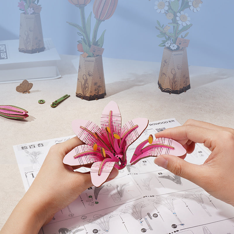 Rowood Pink Lily Flower DIY 3D Wooden Model Kit, ROETW071