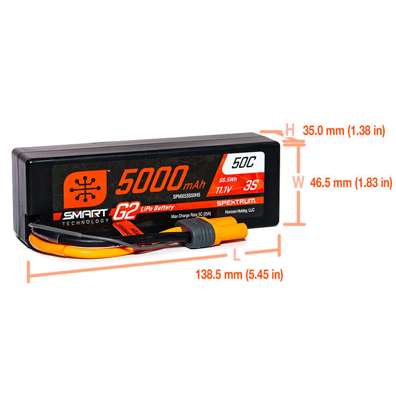 Spektrum RC 11.1V 5000mAh 3S 50C Smart G2 Hardcase LiPo Battery: IC5, SPMX53S50H5