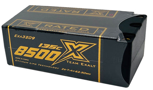 Team Exalt 2S 7.4V 8500MAH 135C Fat Shorty w/5mm Bullets, X-Rated LiPo Battery Series, EXA3209